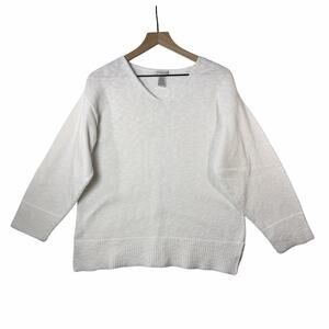 Avalin White 100% Cotton Knit Long Sleeve V-neck Sweater Top Women's One Size
